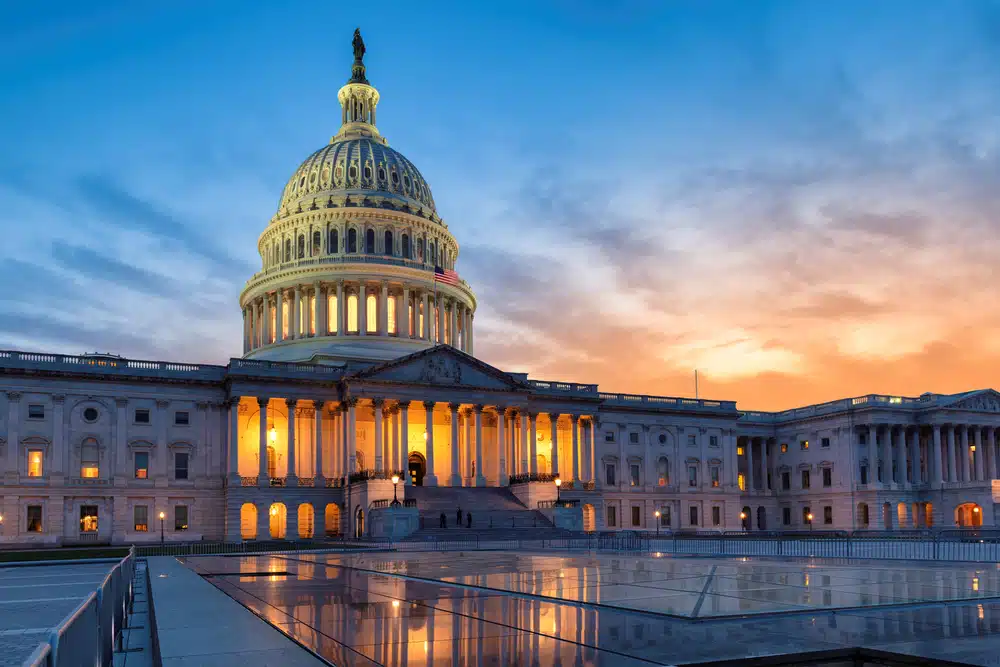 Washington DC Capitol building at sunset